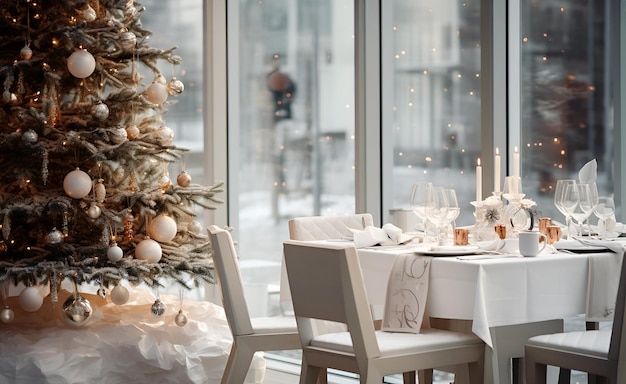 Foto leeg elegante traditionele kerstfamilie dinertafel geserveerd met servies in huis restaurant woonkamer versierd met sparren authentiek seizoensinterieur voor viering