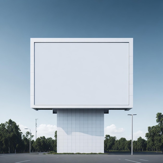 Leeg en leeg reclamebordmodel met het witte scherm tegen wolken en blauwe hemelachtergrond