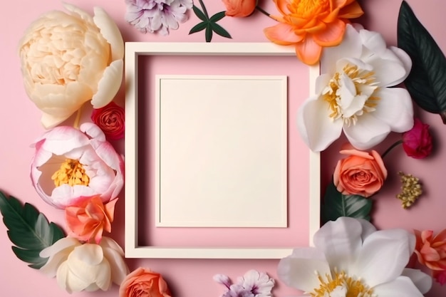 Leeg fotolijstje versierd met bloemen op roze pastel achtergrond Lege ruimte voor tekst Mock up met gratis kopieerruimte Plat lag bovenaanzicht AI gegenereerd