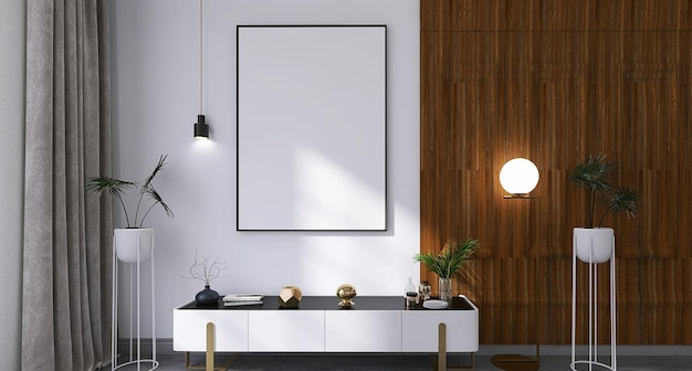 Leeg fotolijstmodel in modern woonkamerbinnenlandontwerp met media-eenheid houten achtergrond
