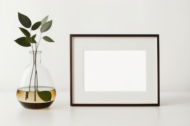 Leeg fotolijstmodel op bureau Scandinavische minimalistische stijl Interieurartikelen Vazen met bloemen