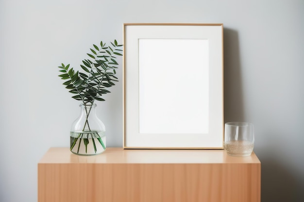 Leeg fotolijstmodel op bureau Scandinavische minimalistische stijl Interieurartikelen Vazen met bloemen