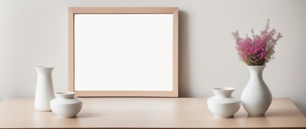 Leeg fotolijstmodel op bureau Scandinavische minimalistische stijl Interieurartikelen Vazen met bloemen