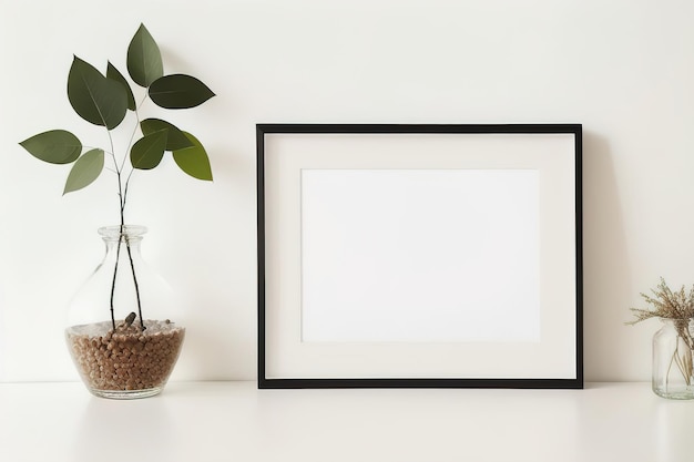 Leeg fotolijstmodel op bureau Scandinavische minimalistische stijl Interieurartikelen Vazen met bloemen