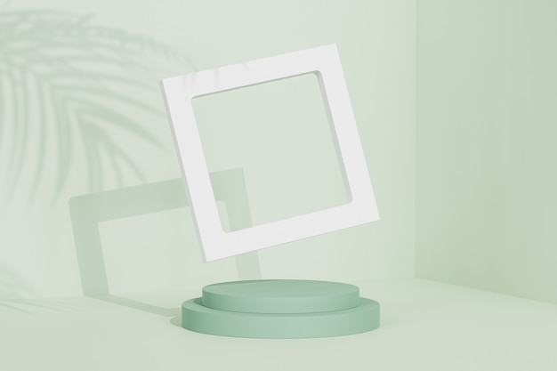 Leeg frame in de buurt van podium of voetstuk voor producten of reclame op pastelgroene achtergrond met tropische bladschaduw, minimale 3d render