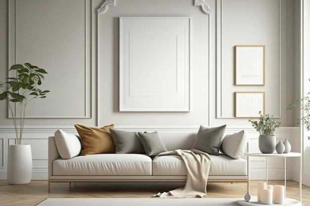 Leeg frame in moderne interieur achtergrond woonkamer Scandinavische stijl 3D renderen