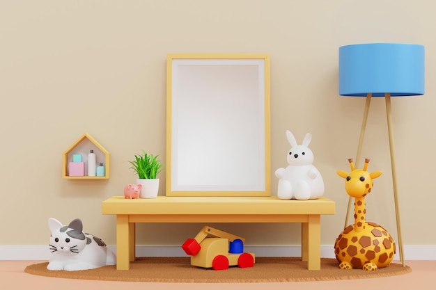 Leeg frame mockup in baby kinderkamer met pop en speelgoed kinderkamer kinderkamer 3D-rendering