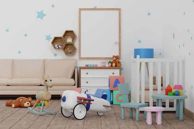 Leeg frame mockup in baby kinderkamer met pop en speelgoed kinderkamer kinderkamer 3d-rendering