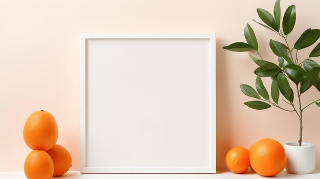 Leeg frame mockup met sinaasappels en planten op perzik achtergrond