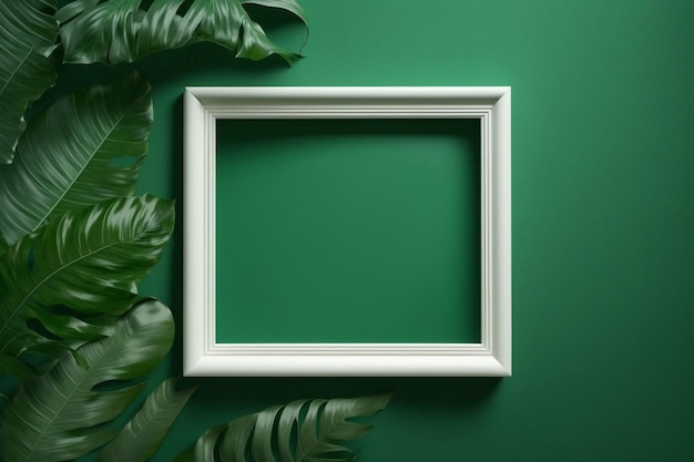 Leeg frame op groene muur mock up wit poster frame op muur mock up voor foto of fotolijst leeg frame op heldere muur met planten blad generatieve AI