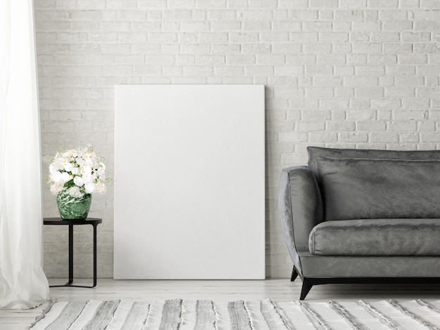 Foto leeg frame op witte bakstenen achtergrond in de woonkamer