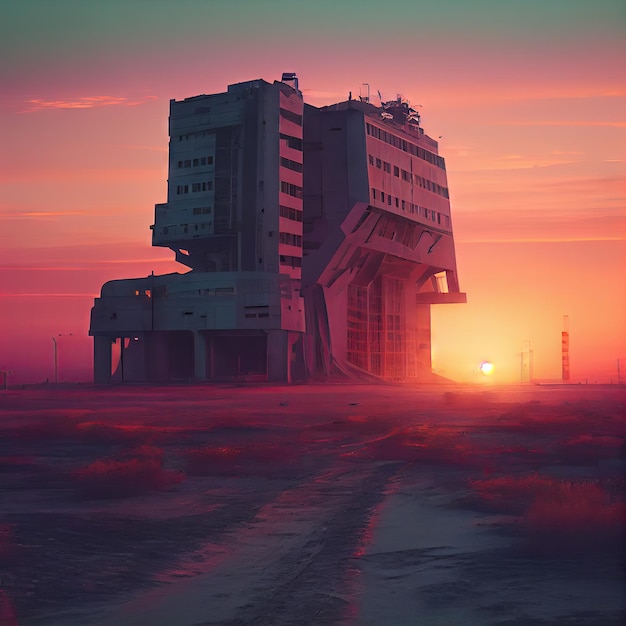 Foto leeg futuristisch enorm gebouw bij zonsopgang in postapocalyptische stad