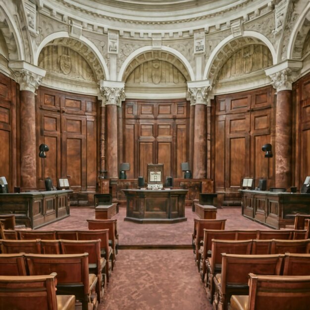 Foto leeg gerechtszaal in amerikaanse stijl hooggerechtshof van wet en gerechtigheid trial stand gerechtsgebouw voor