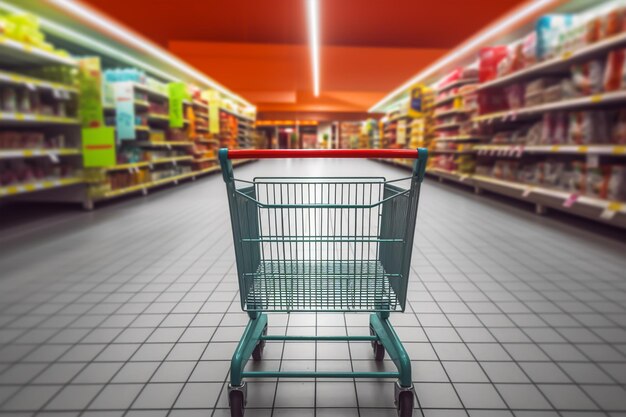 Leeg groen boodschappenwagentje met abstracte supermarkt generatieve ai