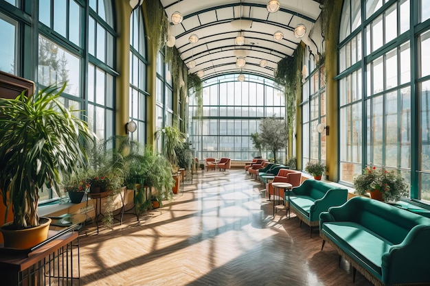 Leeg hal in een modern gebouw met binnenplanten en hoge ramen Generatieve AI-illustratie