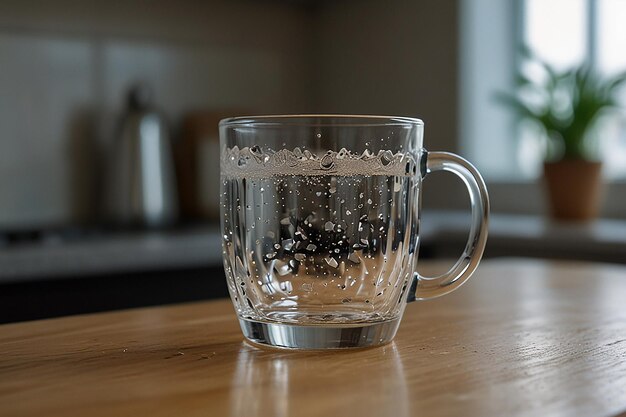 Leeg helder glazen beker op een keukentafel
