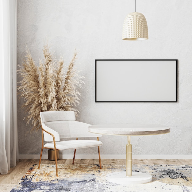 Leeg horizontaal afbeeldingsframe mockup in lichte kamer met luxe ronde eettafel, witte stoel, modern design tapijt, scandinavische stijl, 3D-rendering