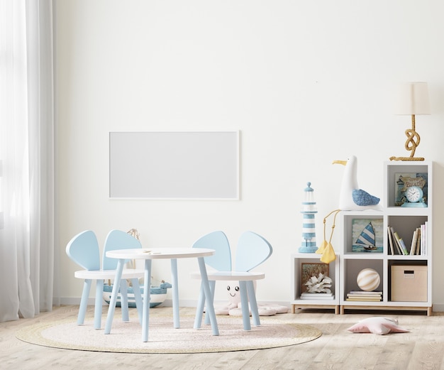 Leeg horizontaal frame in lichte kinderkamer met kindertafel en planken bij raam, kindermeubels, 3D-rendering