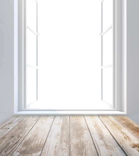 Leeg houten drempel en raam zonder uitzicht 3D-rendering