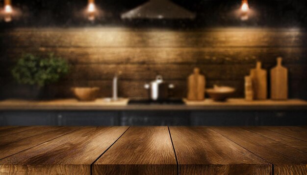 Leeg houten en vervaagde achtergrond in de keuken voor de tentoonstelling van producten