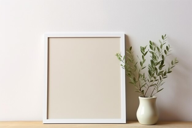 Foto leeg houten fotoram mockup hangen op beige muur achtergrond droge bloemen vaas op tafel ai