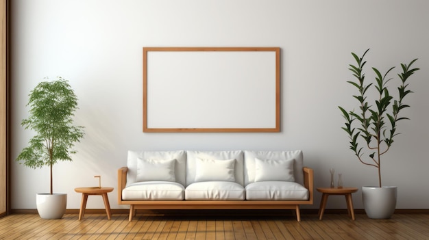 Leeg houten frame op de witte muur in de stijl van sketchfab bruin