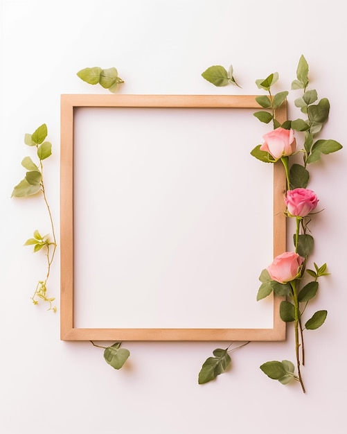 Leeg houten frame op witte achtergrond met droge bloemen Ai gegenereerd