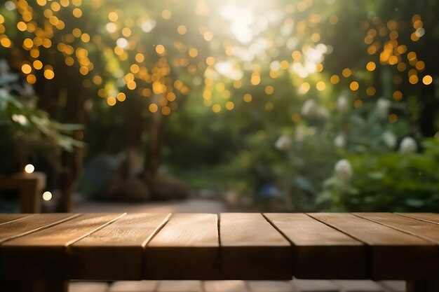 Leeg houten oppervlak in de zomertuin in zacht zonlicht