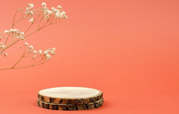 Leeg houten podium voor de presentatie van natuurlijke cosmetica Natuurlijk houten podium voor de lay-out van de productpresentatie