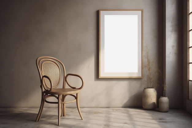 Leeg houten stoel in een kamer met een fotolijst aan de muur