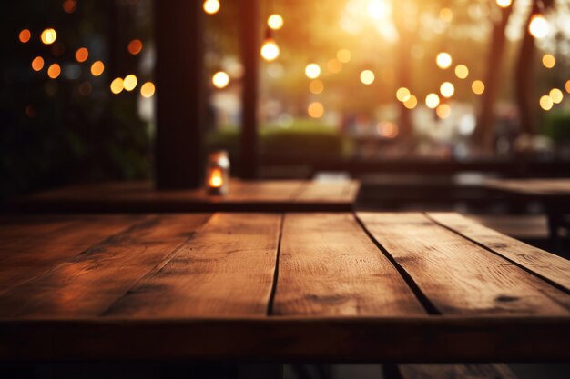 Leeg houten tafel buiten met een zachte focus op de feestelijke wazige bokeh lichten op de achtergrond
