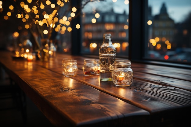 Leeg houten tafel in een café Avond in de stad generatieve ai