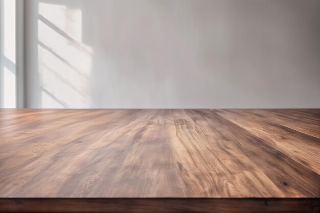 Foto leeg houten tafel in een zwak verlichte kamer met bokeh en wazige achtergrond
