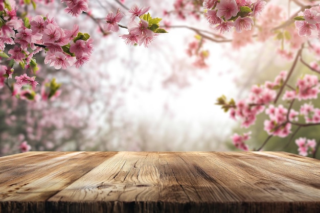 Leeg houten tafel met bloeiende voorjaarstuin achtergrond Scherm met voorjaarsnatuur kersen takken Vrije ruimte voor productpresentatie vitrine Natuurlijk sjabloon voor productdisplay Lente