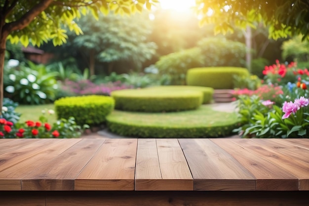 Foto leeg houten tafel met een prachtige tuin achtergrond vervaagd