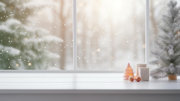 Leeg houten tafel met kerstboom boven de kamer op de achtergrond