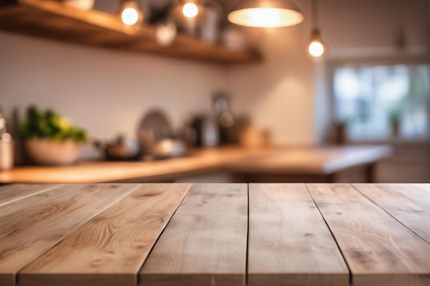 Foto leeg houten tafel met wazige achtergrond in de keuken