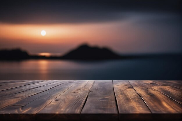 Foto leeg houten tafel met wazige achtergrond van oceaan en eiland bij dageraad of schemering