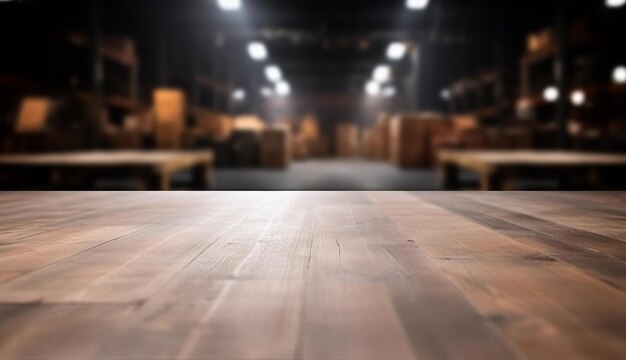 Leeg houten tafel op onscherpe, wazige planken op de achtergrond van het magazijn