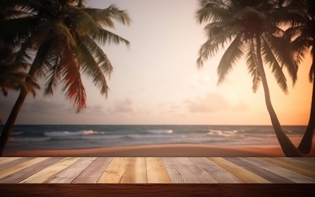 leeg houten tafel productpodium voor promotie achter bluured strand met kokospalm achtergrond