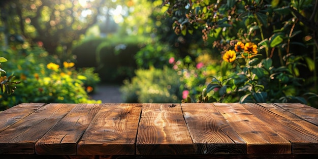 Leeg houten tafel voor de tuin