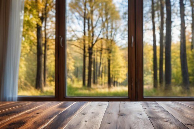 Foto leeg houten tafel voor het raam met wazig bosbeeld op de achtergrond