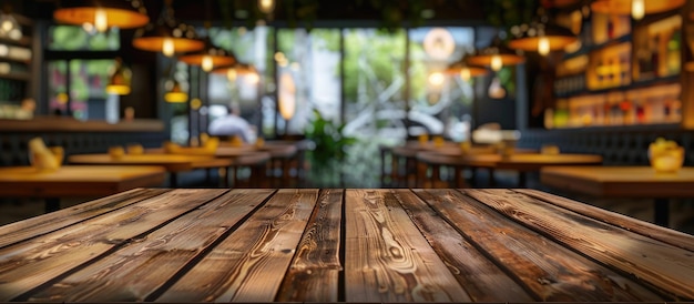 Leeg houten tafel voor het tentoonstellen van producten met een wazige achtergrond van een restaurant