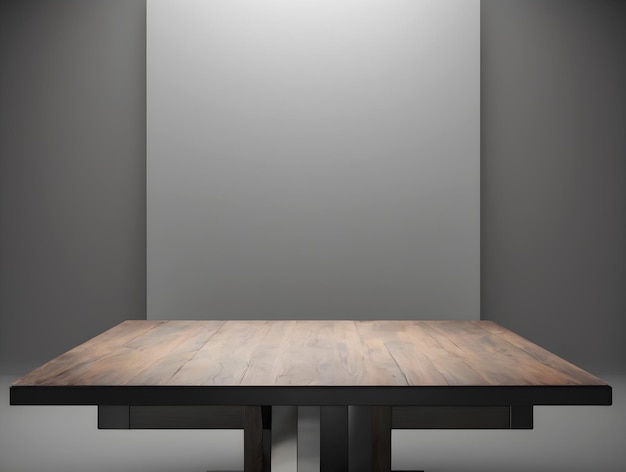Foto leeg houten tafel voor presentatie met een grijze muur erachter