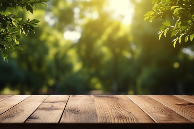 Leeg houten tafel voor productmontage met natuurbokeh-achtergrond