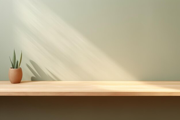 Leeg houten tafel voor productpresentatie op een minimalistische saliegroene achtergrond met zonneschaduw