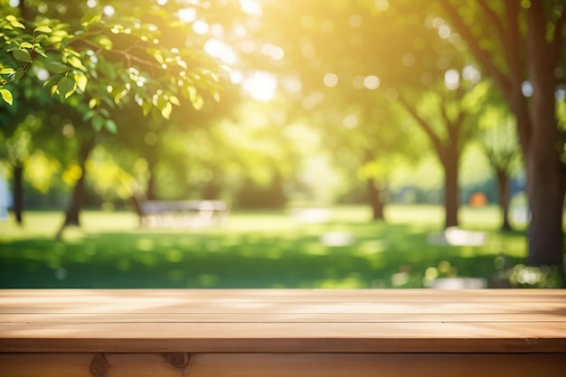 Leeg houten tafelblad en abstract wazig licht bokeh en wazig achtergrond van tuinbomen in zonlicht product display sjabloon met copoutdoor tafel