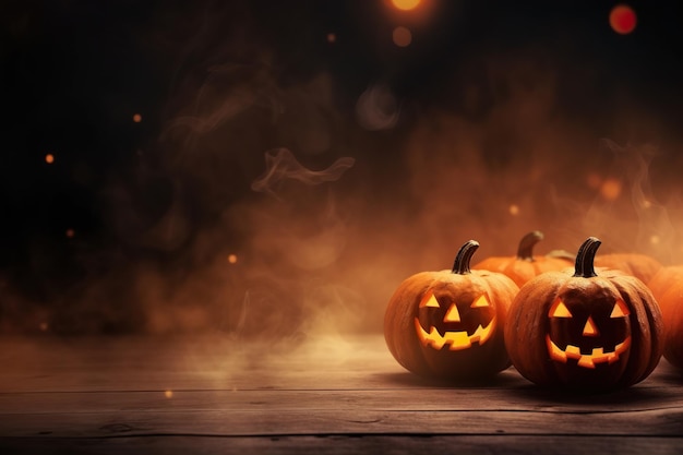 Leeg houten tafelblad met Halloween pompoen Jack O'Lantern Kopieer ruimte voor uw object productpresentatie Toon promotie reclame Leeg scène Happy Halloween Generatieve AI