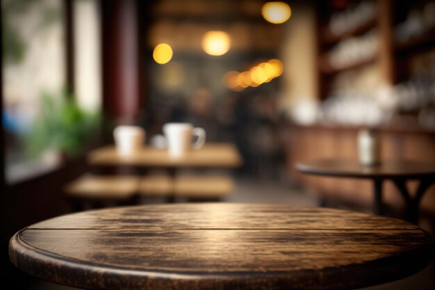 Leeg houten tafelblad met lichten bokeh op onscherpte café restaurant backgroundGenerative AI