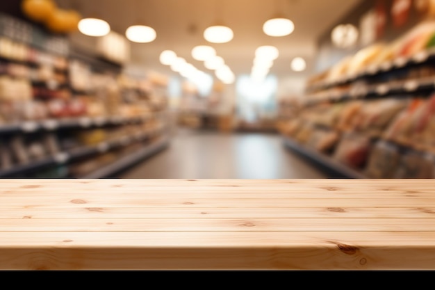 Leeg houten tafelblad met onscherpe supermarktachtergrond voor montage van productweergave